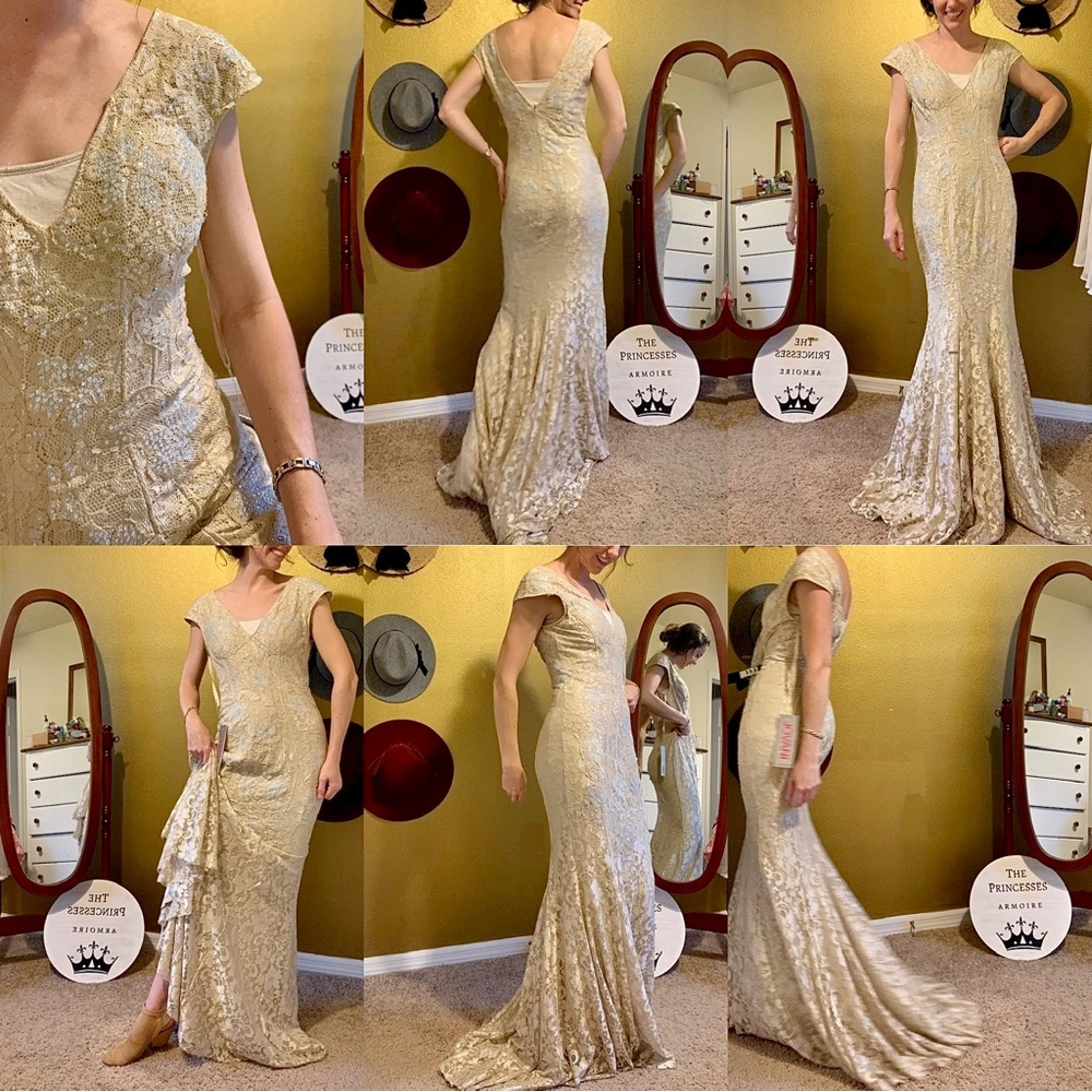 NWT Jovani Cream Nude Lace and Rhinestone Jewel Lace Gown - Picture 10 of 11